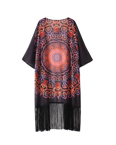 Fransen Spiritual Mandala Kimono mit Boho Ethno Mustern in rot-orange gemischt