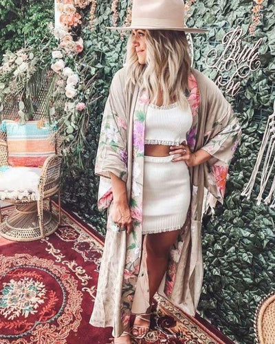 Hochwertiger langer Kimono mit weiten Armen und Stoffgurt - Boho Festival Style Kimono Cardigan