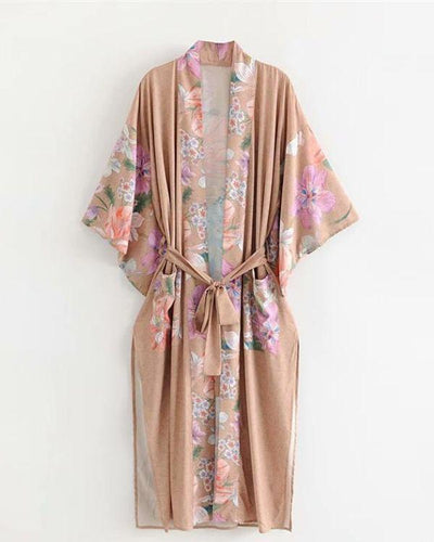 Hochwertiger Maxi Kimono mit Blumen Print und Pfau Federn | Boho Style Kimonos