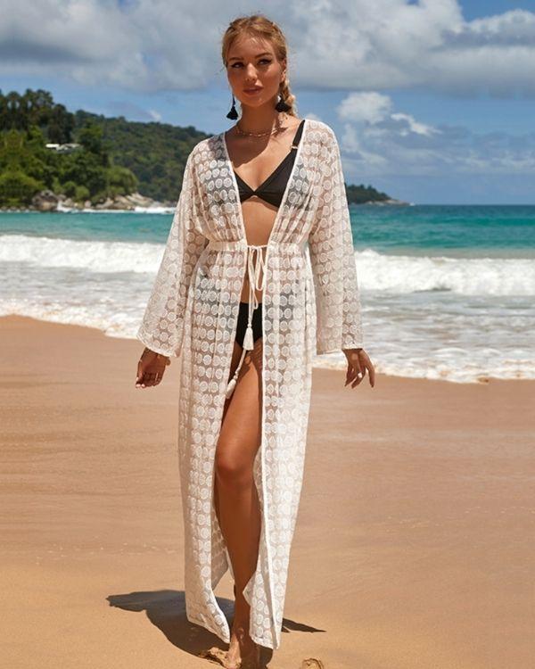 Weisser Bodenlanger Sommer Kimono Strand Cardigan Beach Cover-Up 
