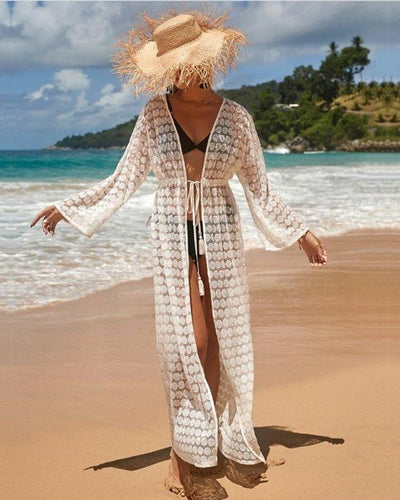Weisser Bodenlange Kimono Beach Cover Up mit Kreis Symbolen Mustern