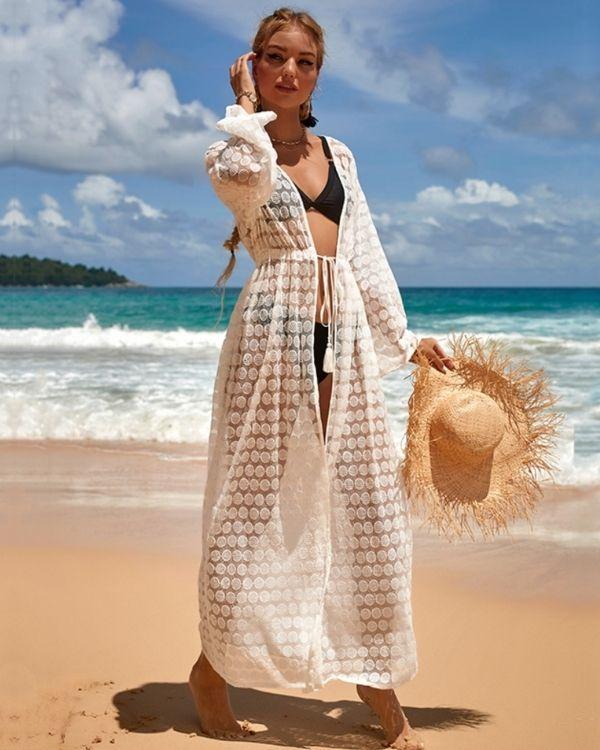 Weisser Bodenlanger Damen Kimono mit Kreis Symbolen Mustern