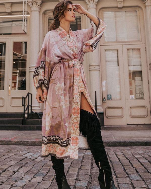 Rayon Boho Kimono mit Blumen, Ethno Muster und Flamingo