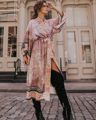 Rayon Boho Kimono mit Blumen, Ethno Muster und Flamingo