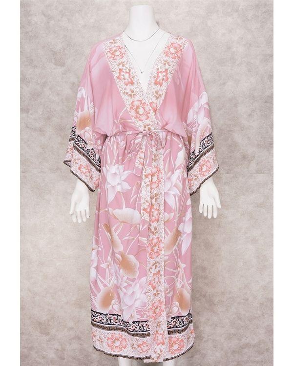 Langer rosa Kimono im Japanese Style mit Blumen und Flamingo Muster