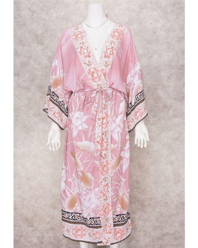 Langer rosa Kimono im Japanese Style mit Blumen und Flamingo Muster