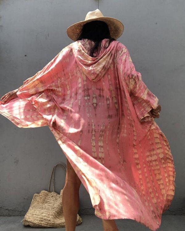 Rosa Kimono Kaftan Kapuzen Cardigan im Batik Style - Boho Batik TIE Kimono in gold rosa