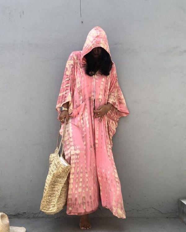 Rosa Kapuzen Kimono Kaftan im Batik Farbverlauf - Hippie Boho Style Kimonos Kaftan