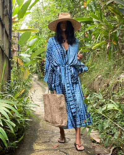 Blauer Batik Kimono Kaftan mit Tie Dye Mustern - Boho HIppie Style