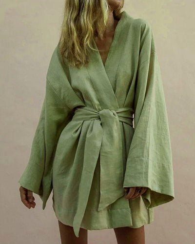 Gruenes kurzer Kimono Kleid Damen - Elegantes Baumwolle Leinen Kleid