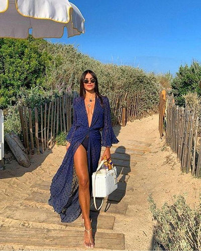 Mesh Kimono Kleid mit Polka Dots Punkten - Dunkelblauer luftiger eleganter Kimono