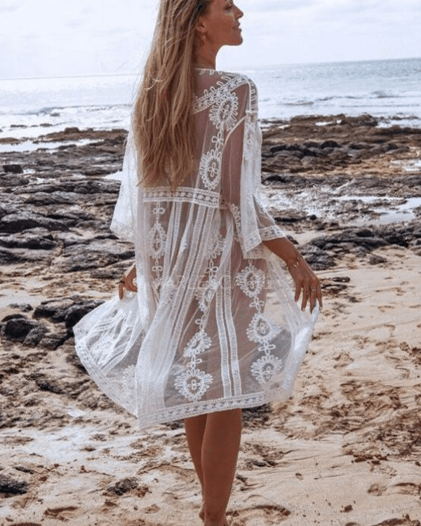 Kimono Spitzen Halblang - Lace Cardigan Beach Style Kimono weiss