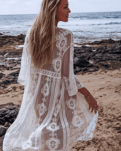 weisser Spitzen Mesh Kimono mit Boho Ethno Mustern 
