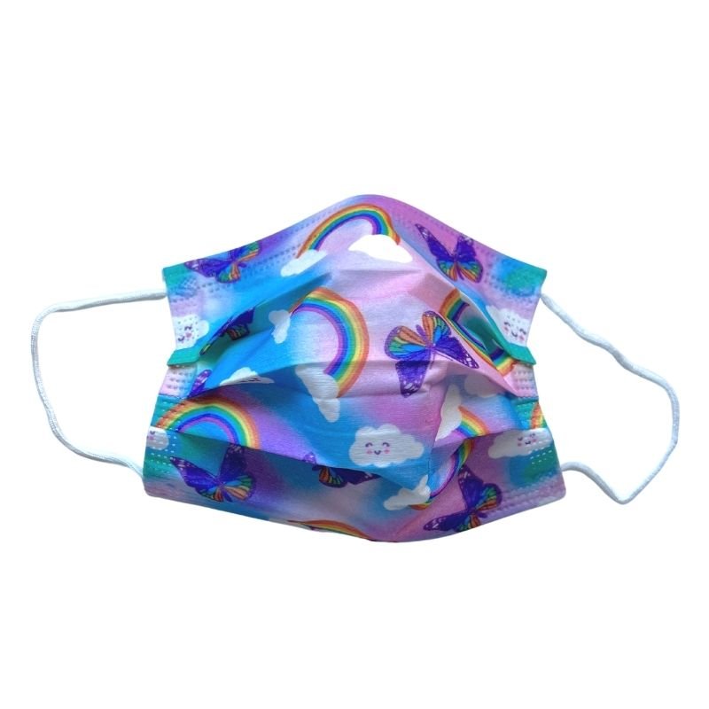Farbige Kindermasken Einwegmasken Hygienemasken mit Farbverlauf pink und violett und Schmetterlingen, Wolken und Regenbogen auf der Maske
