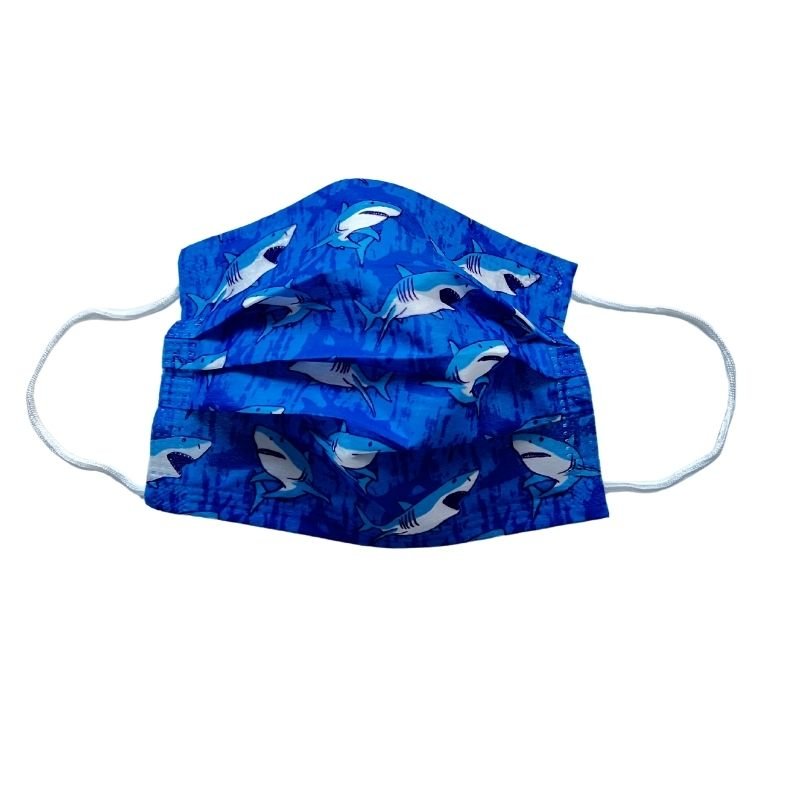 Blaue Kinder Einwegmasken mit Haifisch Motiven - Hygienemasken fuer Kinder online kaufen Schweiz