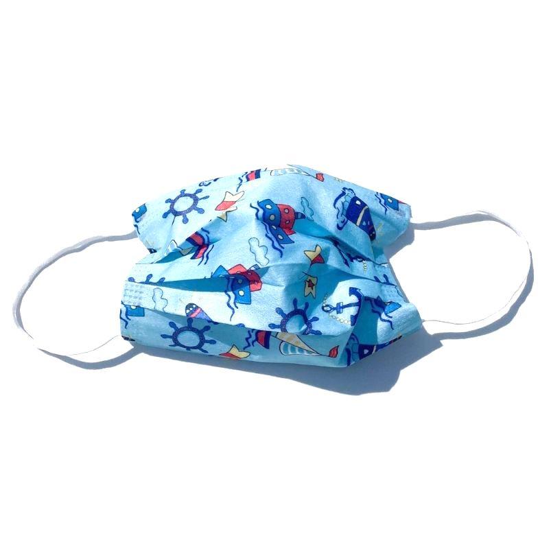 Blaue Kindermaske Einwegmaske mit Boot und Schiff Symbolen