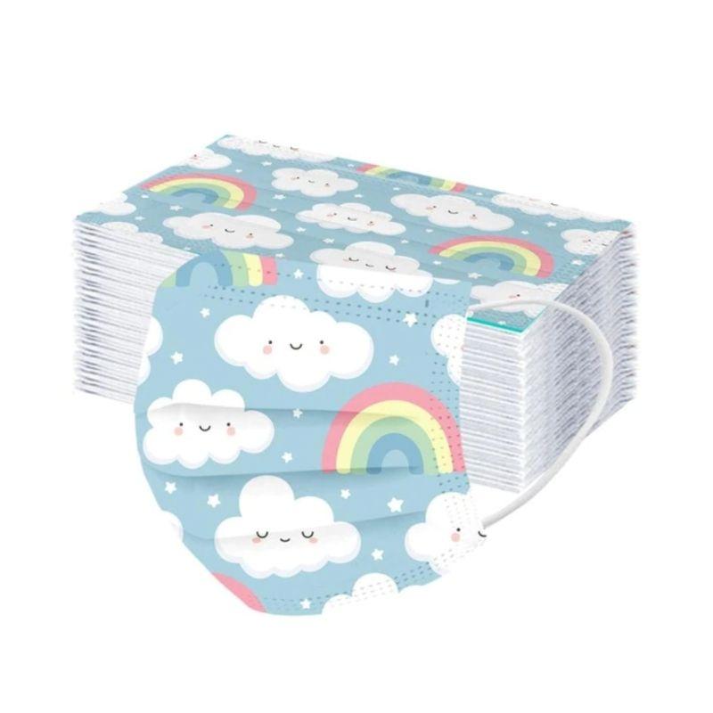 Kinder Einwegmasken Hygienemasken blau mit farbigen Regenbogen und Wolken Motiven - Masken fuer Buben und Maedchen online kaufen