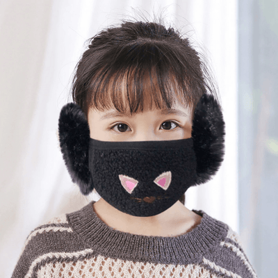 Kindermaske mit Ohrenwärmer | Winterkinder Maske | Warme Maske für kalte Tage | Stoffmaske aus Fleece für Kinder | Katzen Kindermaske 