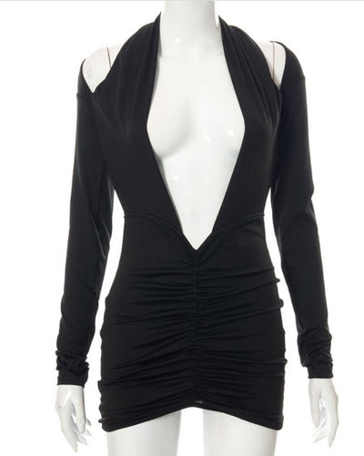 Schwarzes kurzes Damen Kleid tiefem Ausschnitt und offenem Ruecken - Cut-Out Hollow Party Kleid