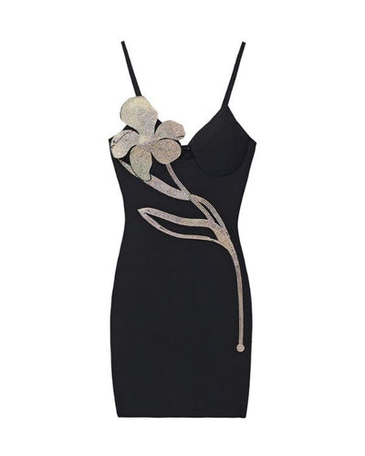Elegantes sexy Catwalk Abendkleid - High-Quality Fashion Kleid mit Glitzer Strasssteine Blume 