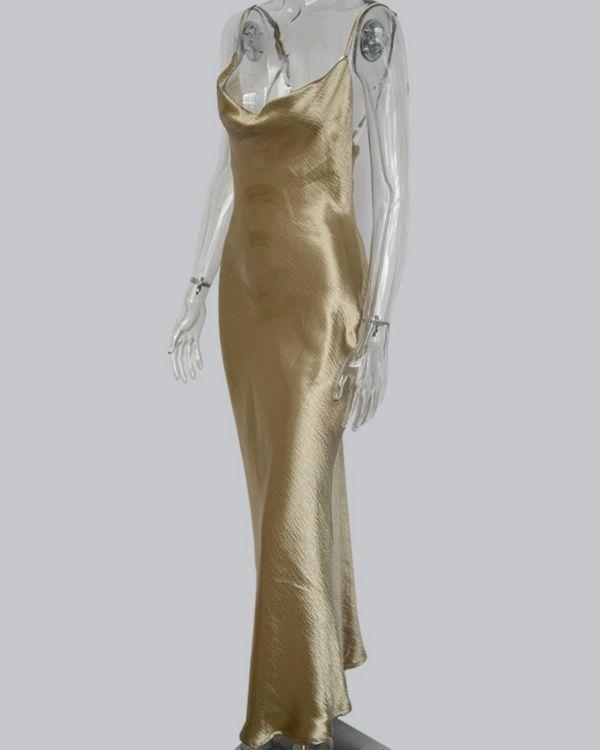 Maxikleid Gold mit Wasserfall Ausschnitt - Goldenes Maxikleid 