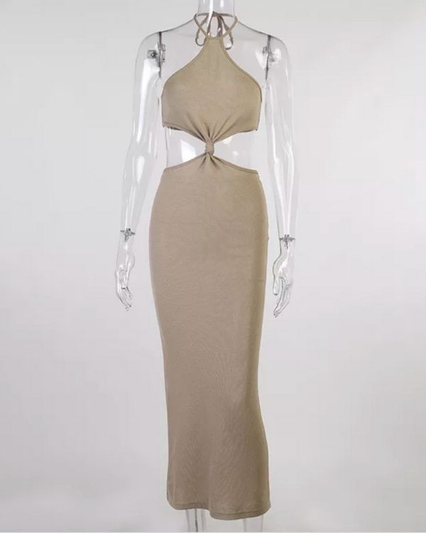 Beiges Damen Neckholder Sommerkleid - Bodenlanges Kleid mit Cut-Outs auf den Seiten 