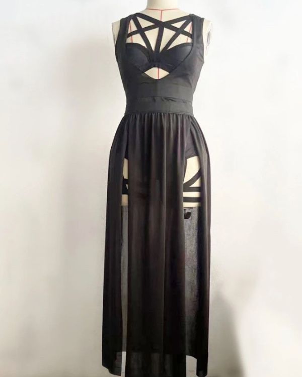 Festival Party Kleid in schwarz mit Bondage Gothic Effekten 