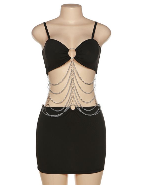Schwarzes Ketten Party Club Kleid mit Spaghetti Traegern