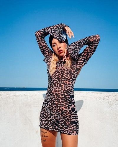 Transparentes Mesh Kleid Rückenfrei im Animal Leopard Print - Leopard Kleid Damen