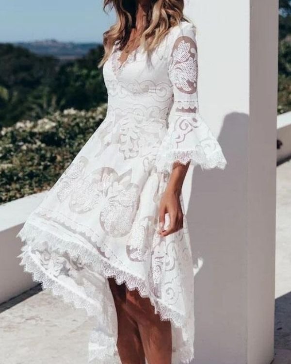 Bohochic Ibiza Style Kleid - Sommerkleider Lang mit Spitzen Details - Weisses Boho Hochzeitskleid 