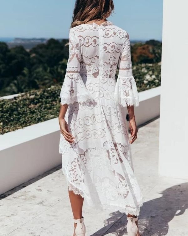 Weisses langes Boho Ibiza Sommerkleid - Elegante Boho Spitzen Kleider online kaufen