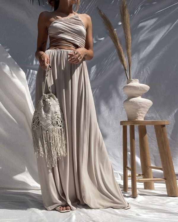 Beige-Sand Boho Kleid Maxi mit One-Shoulder Off Schnitt 