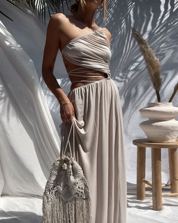 Damen Boho Kleid lang im asymmetrischen Schnitt mit Schnurr zum binden auf der Seite - Lange Damen Sommerkleid Fashion Schweiz Just Style