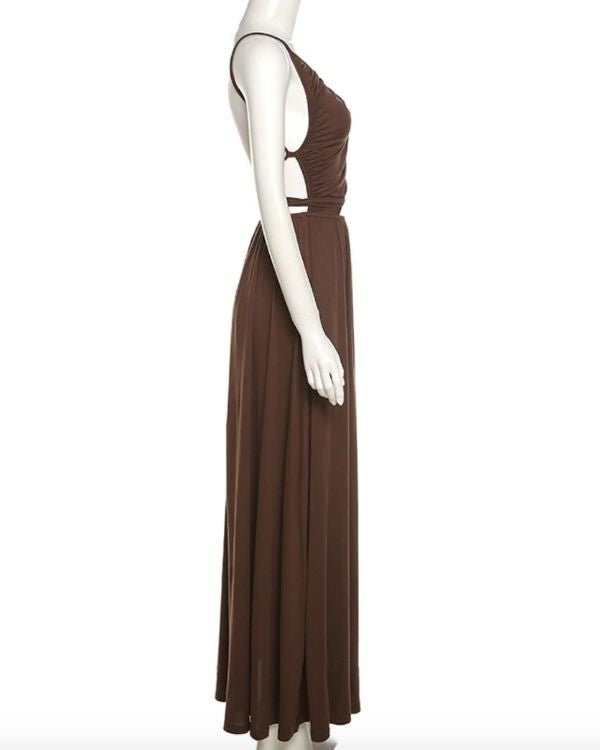 Braunes langes Damen Kleid Rueckenfrei Backless und One-Shoulder Off Schnitt 