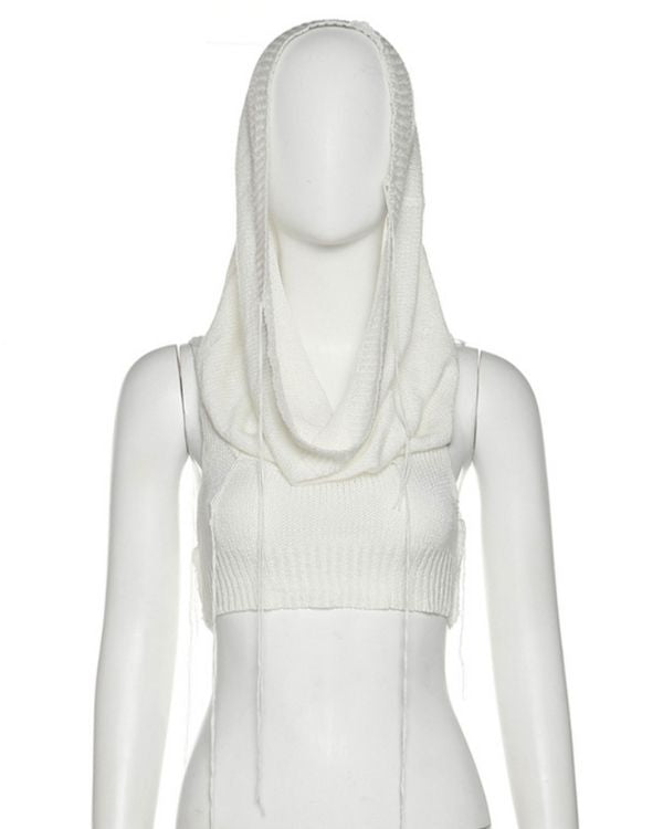Weisses Crochet Strick Crop Top mit weitem Kragen und Kapuze 