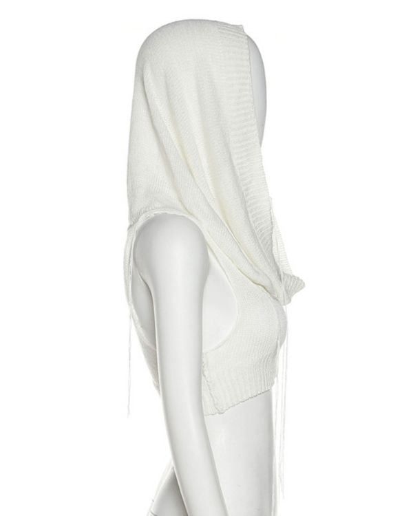 Knitted Strick Crochet Top mit Kapuze - Weisses Designer Strick Knitted Top