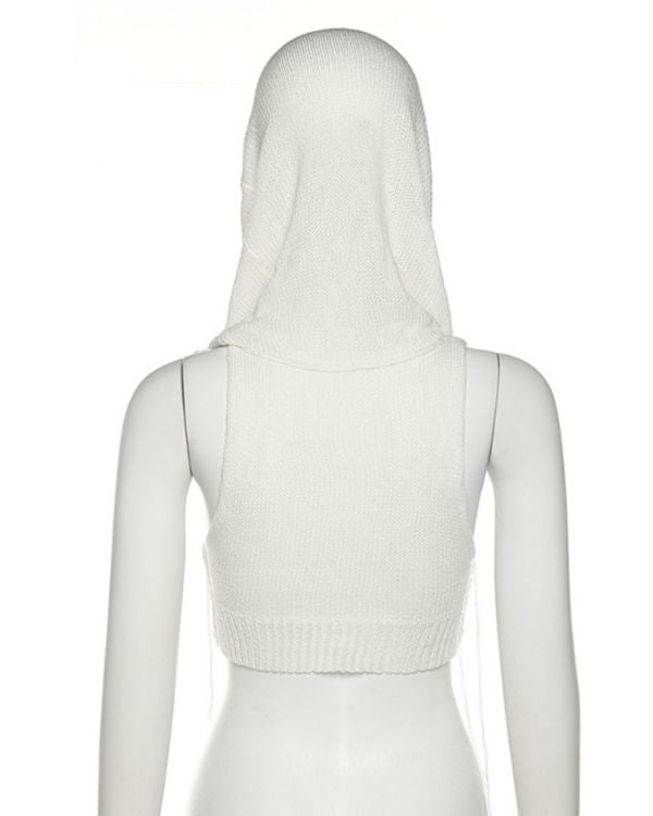 Weisses Crochet Knitted Crop Top mit Kapuze und Aermellos 
