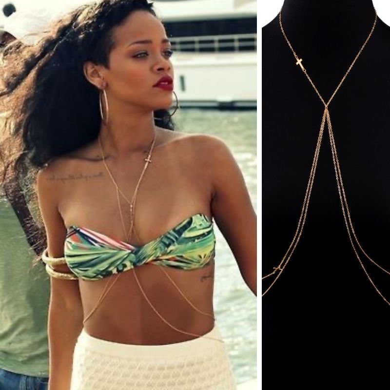 Damen Koerperschmuck Bauchkette mit Kreuz Symbol und zwei feinen Ketten