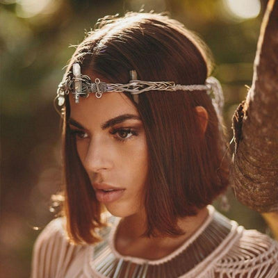 Exklusiver Designer Gipsy Kopfschmuck mit Kristall Quarz Stein - Ibiza Tulum Boho Schmuck Kopf Headpiece