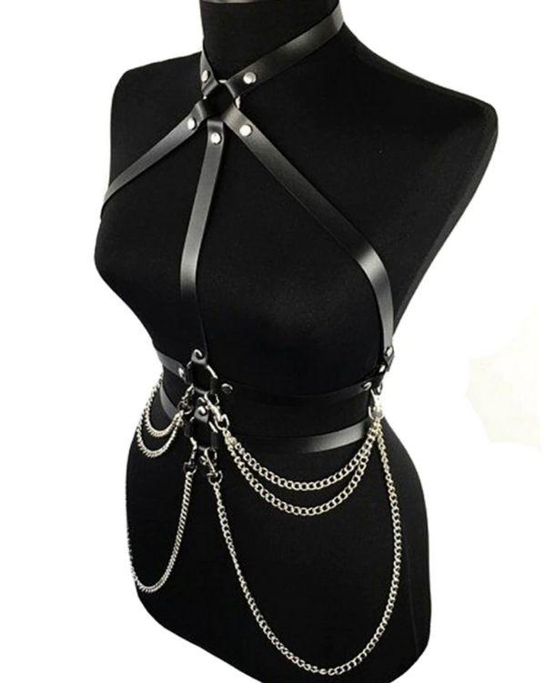 Schwarzer Körpergürtel mit silbernen Ketten | Fetisch Harness Style