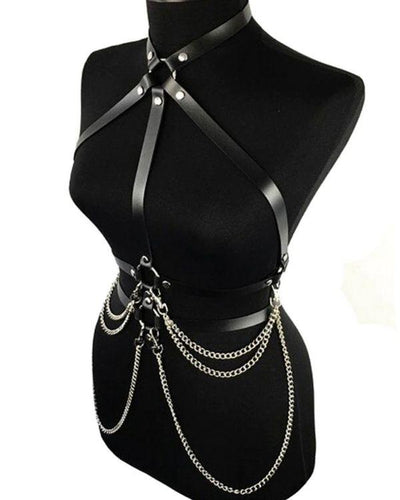 Schwarzer Körpergürtel mit silbernen Ketten | Fetisch Harness Style