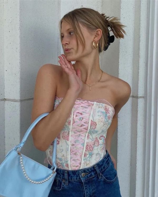 Blumen Paisley Korsett Schnuerr Damen Top mit Ruffle Effekt