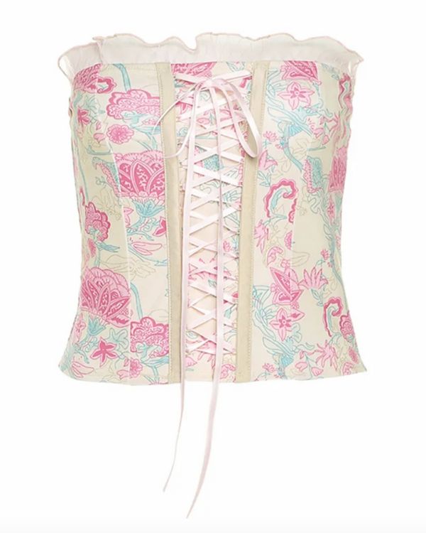 Ruffle Korsett Paisley Blumen Schnuerr Top - Aesthetic Damen Top in gelb rosa gemischt 