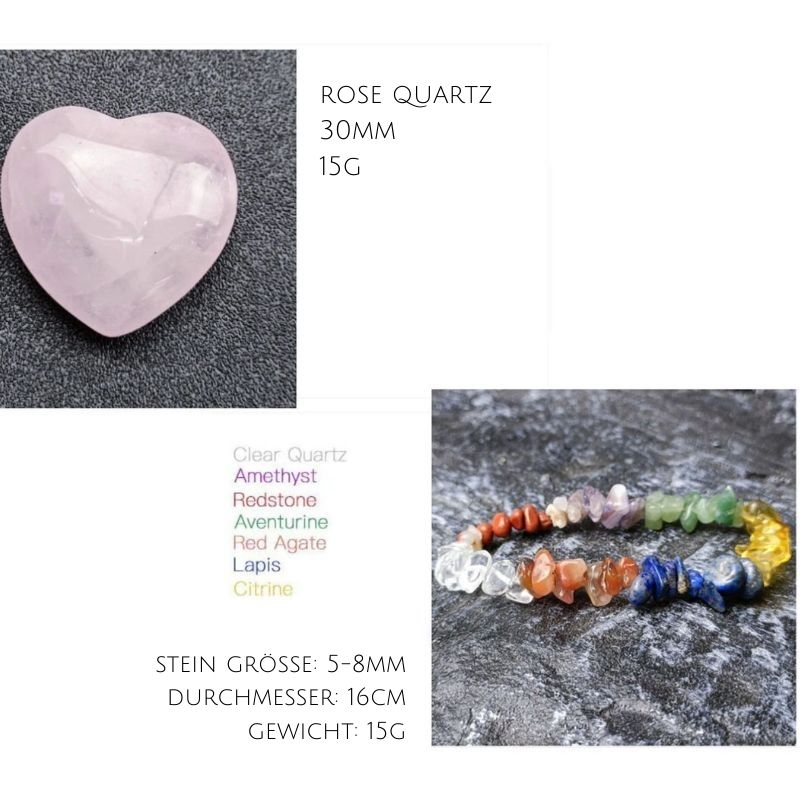 Rose Quartz und Edelstein Armband aus farbigen Kraftvollen Steinen in den 7 Chakra Farben
