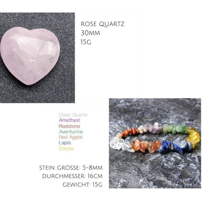 Rose Quartz und Edelstein Armband aus farbigen Kraftvollen Steinen in den 7 Chakra Farben