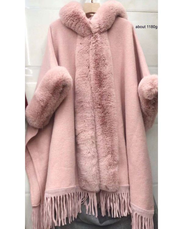 Rosa Kunstfell Kapuzen Cape Jacke mit Fransen 