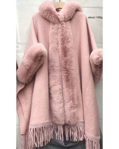Rosa Kunstfell Kapuzen Cape Jacke mit Fransen 