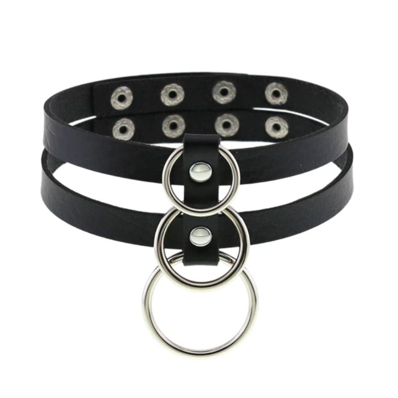 Choker Halskette Halsband mit Doppel Riemen und drei Ring Anhaengern 