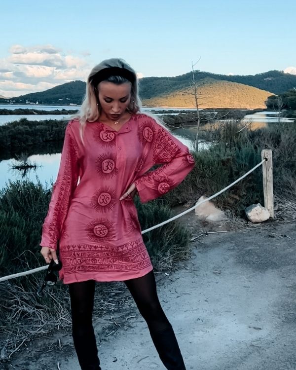 Pinkes Kurte Om Shirt Kleid - Indien Style Kurta Unisex mit Om Symbolen 