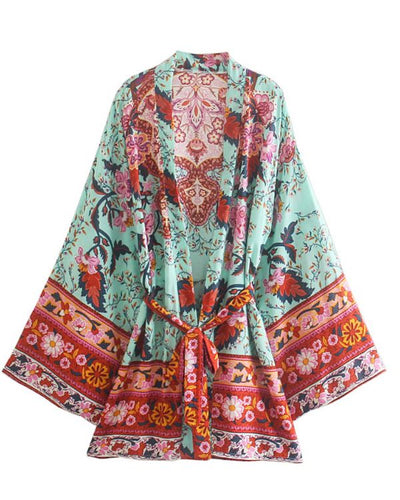 Kurzer Boho Kimono in tuerkis rot mit Blumen Mustern